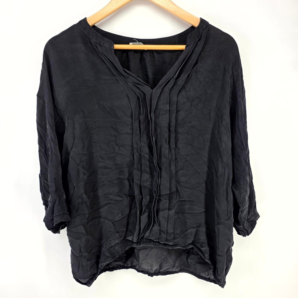 Joie Blouse Women Medium Black 100% Silk Pleated V-Neck 3/4 Sleeve N11-21615